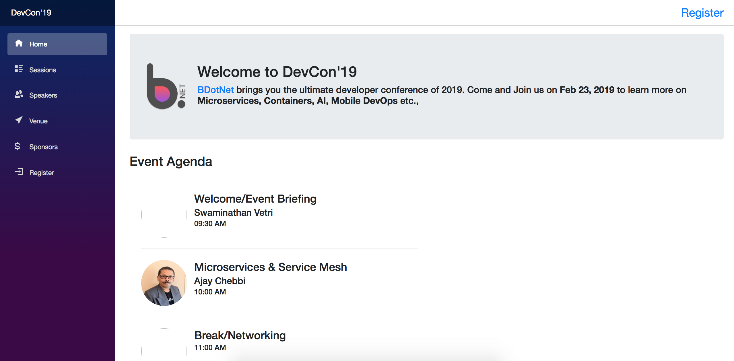 DevCon19 Landing Page