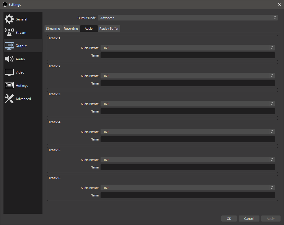 Output audio tab of OBS settings menu