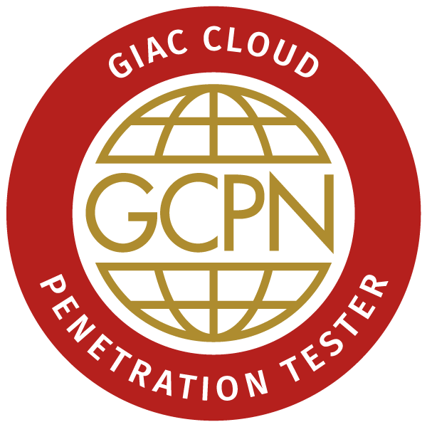 GIAC Cloud Penetration Tester (GCPN) badge image. Certification. Advanced level. Issued by Global Information Assurance Certification (GIAC)