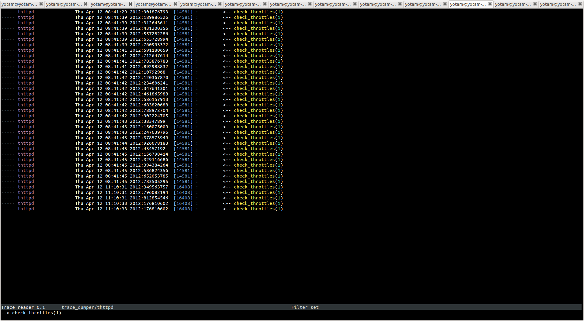 Showing thttpd traces with a filter set to match only calls to check_throttles that receive the parameter value 1