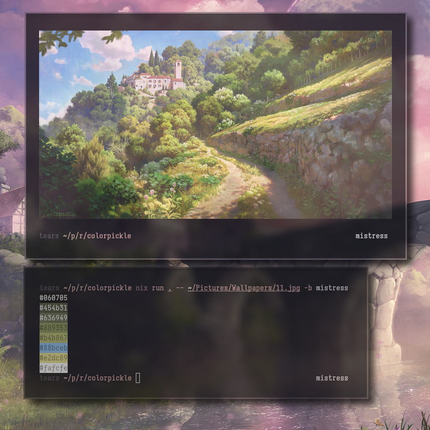 Screenshot of a colorscheme output in a terminal, next to the wallpaper it was generated from