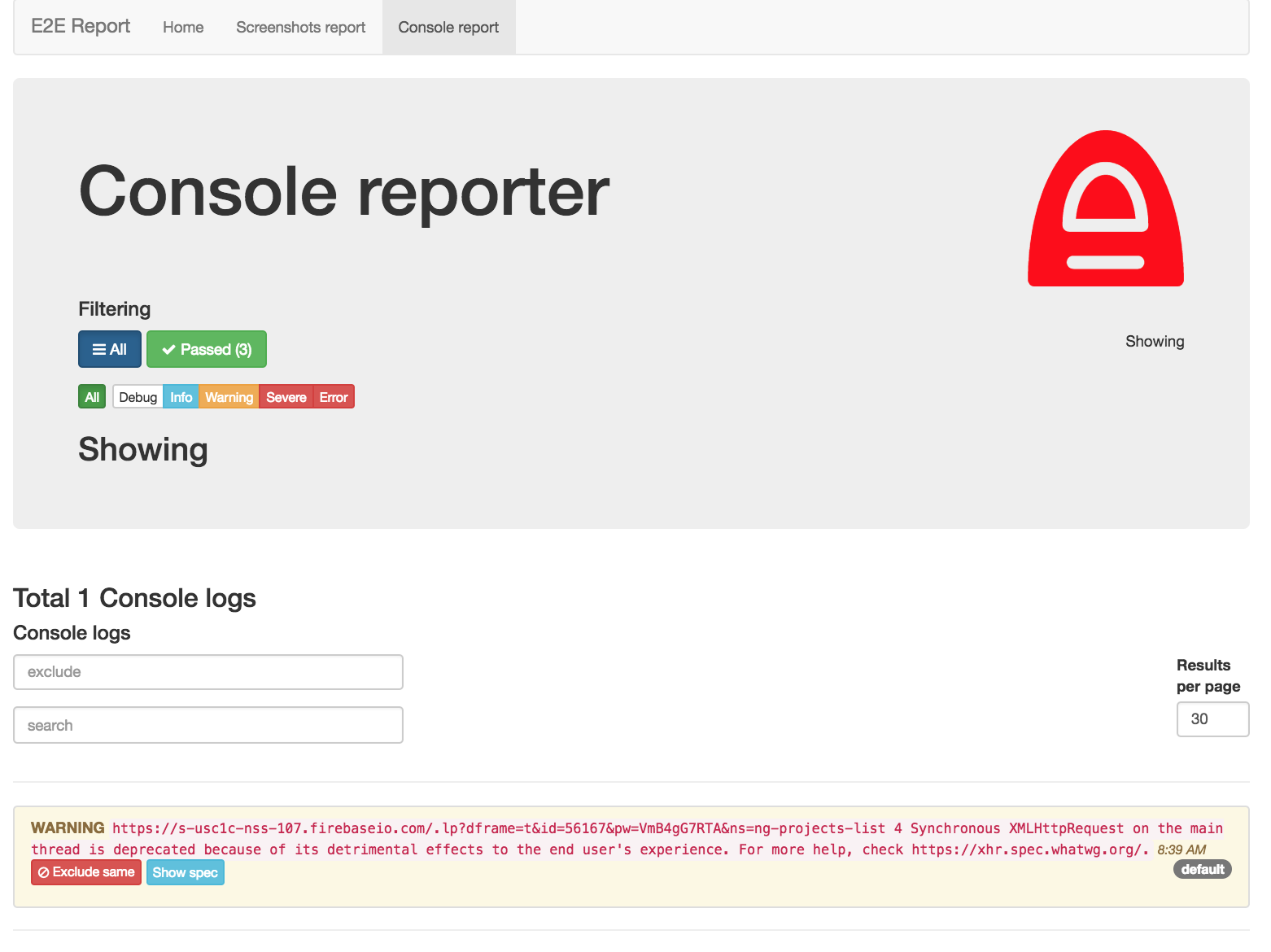 Screenshoter reporter console