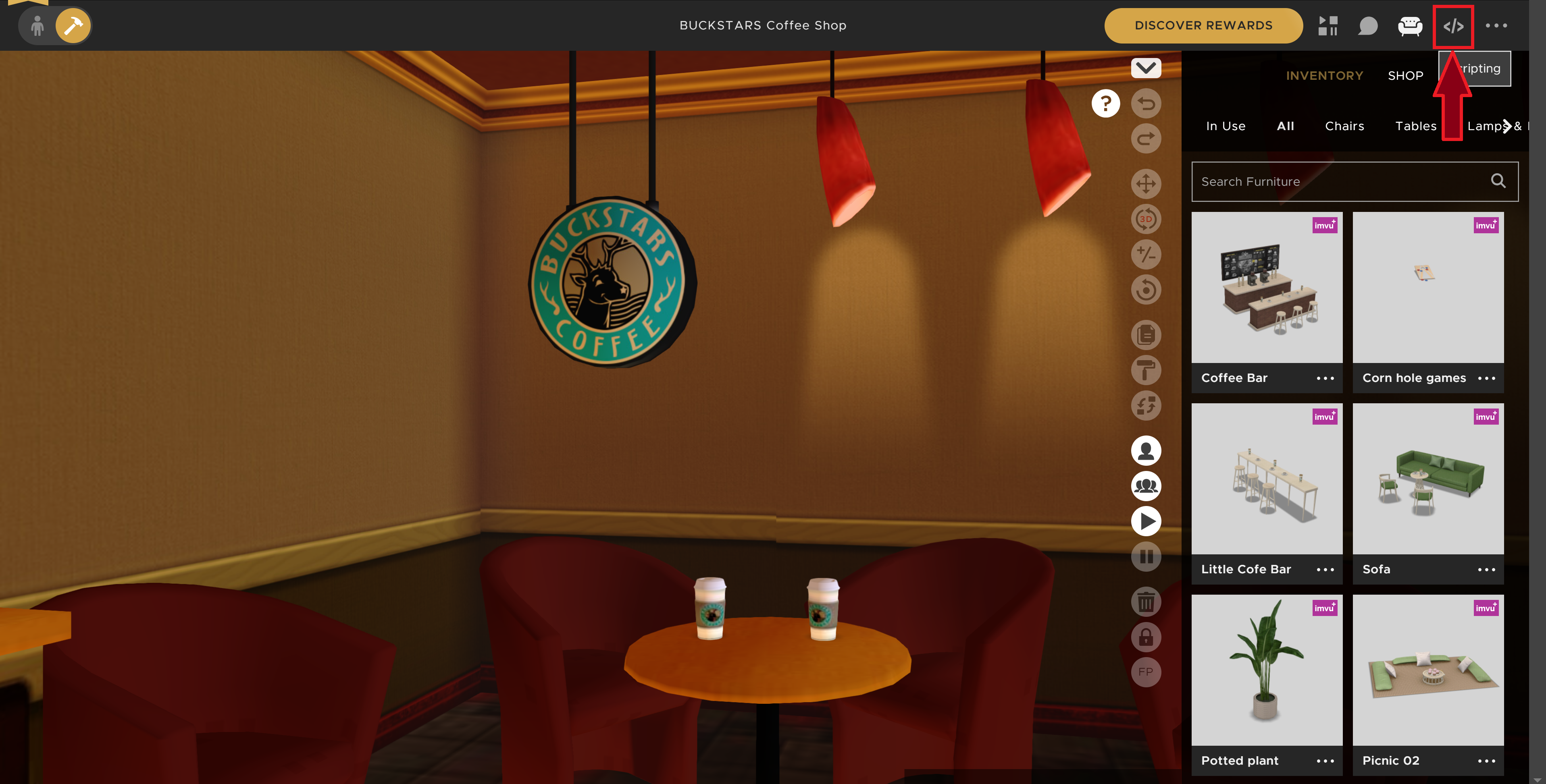 An image of the imvu room deco mode with the scripting icon highlighted by a red outline with a red arrow pointing to it