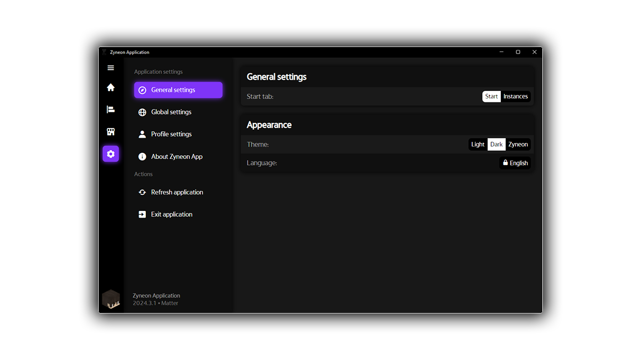 Zyneon application general settings