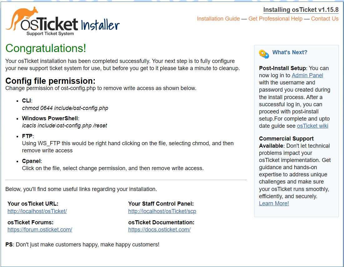 congratulations of completion for osTicket