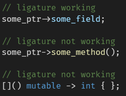 incorrect ligatures with C++ syntax highlighting