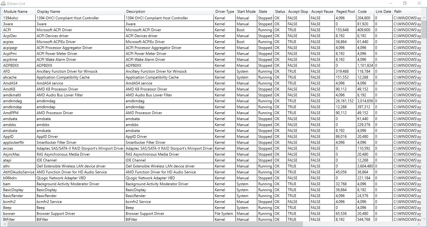 Screenshot of Drivers List