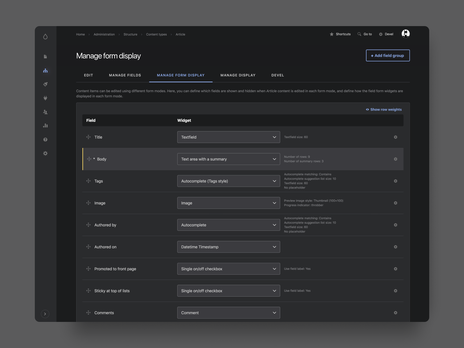 Gin FutureUI "Manage Form Display" Update (Darkmode)