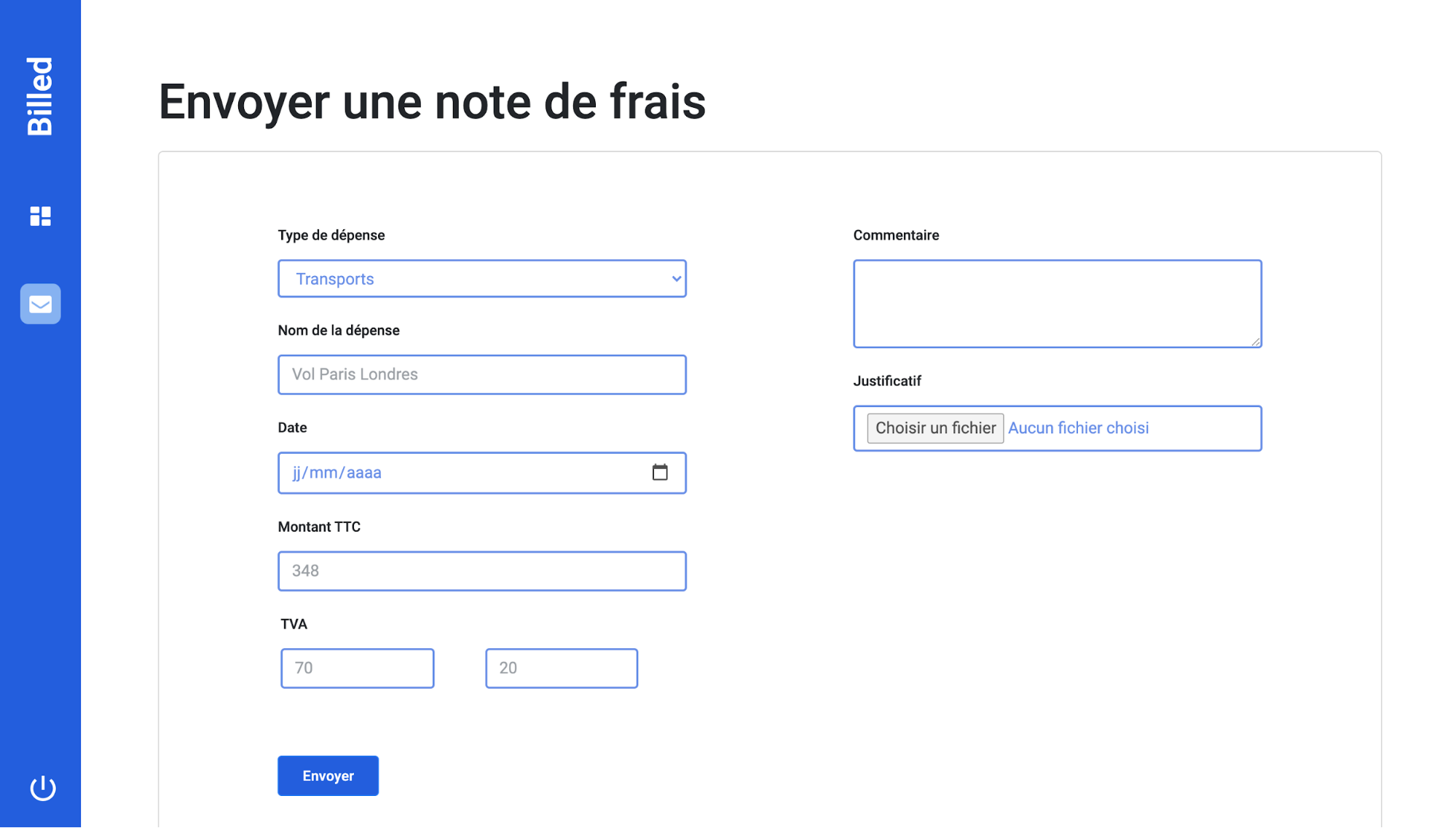 Interface de l'application Billed