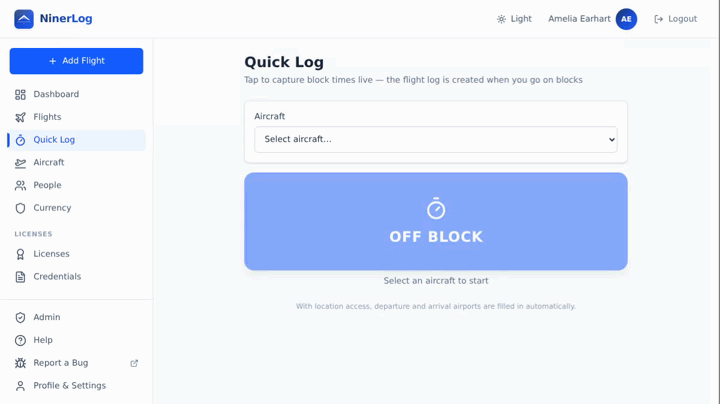 Animated demo: picking an aircraft, then tapping off block, takeoff, landing and on block until the flight is logged