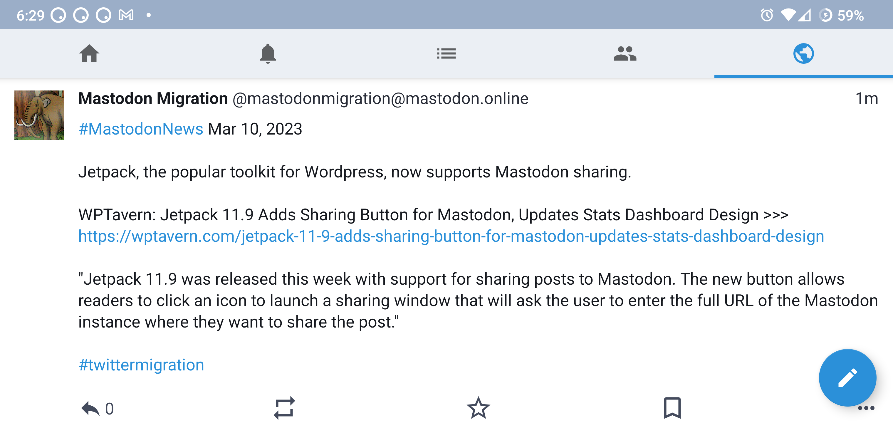 Screenshot of Tusky in landscape orientation showing a complete post from @MastodonMigration@mastodon.online, including showing the reply/boost/favorite/bookmark buttons