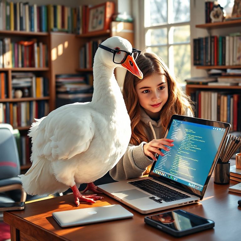 Generative Image A Call duck teaches a little girl how to code