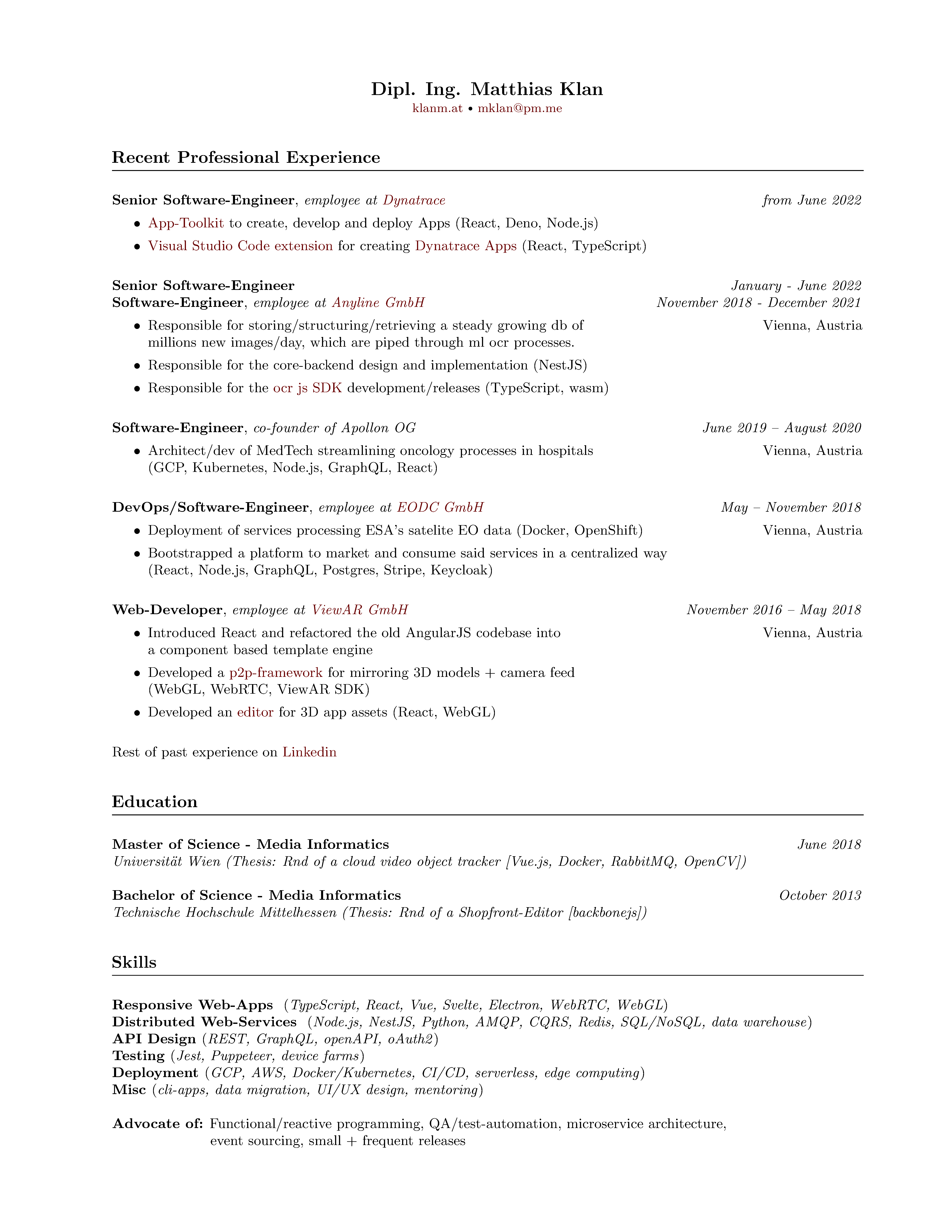 Curriculum Vitae of Matthias Klan