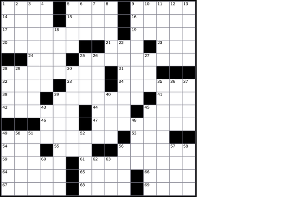 A blank crossword grid showing rotational symmetry. 