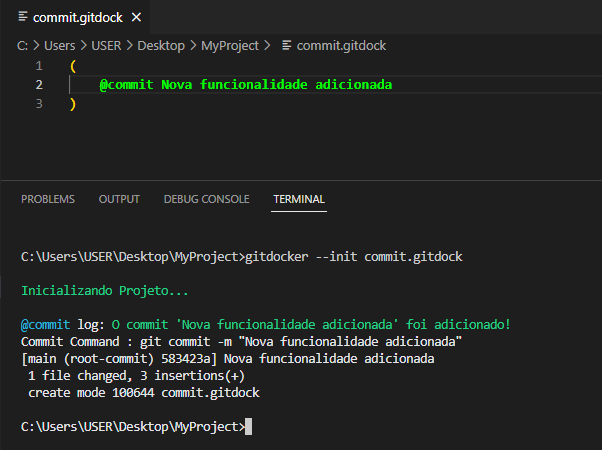 Executando commit com o GitDocker