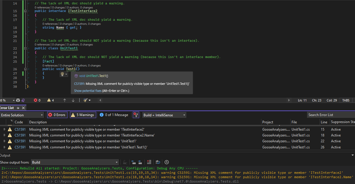 Visual Studio screenshot showing the both the Error List and build output