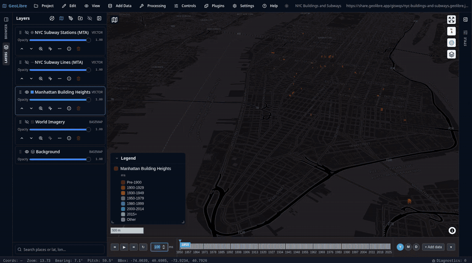 Animation of Manhattan buildings appearing by construction year as the Time Slider advances from 1850 to 2025