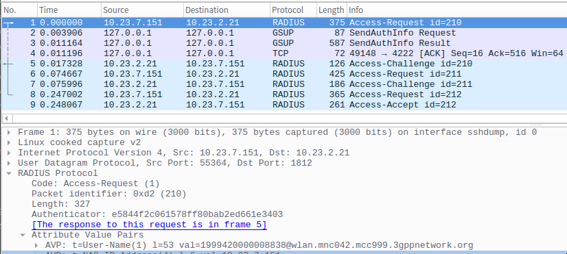 Wireshark screenshot, showing RADIUS and GSUP traffic