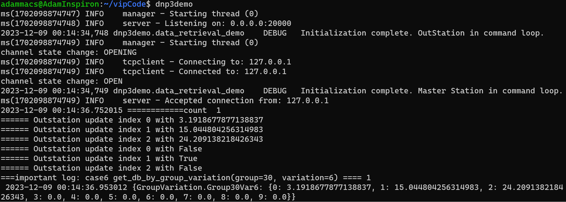 dnp3demo terminal output
