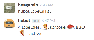 hubot tabetai list