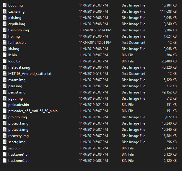 list of partitions, 24 images and file sizes.