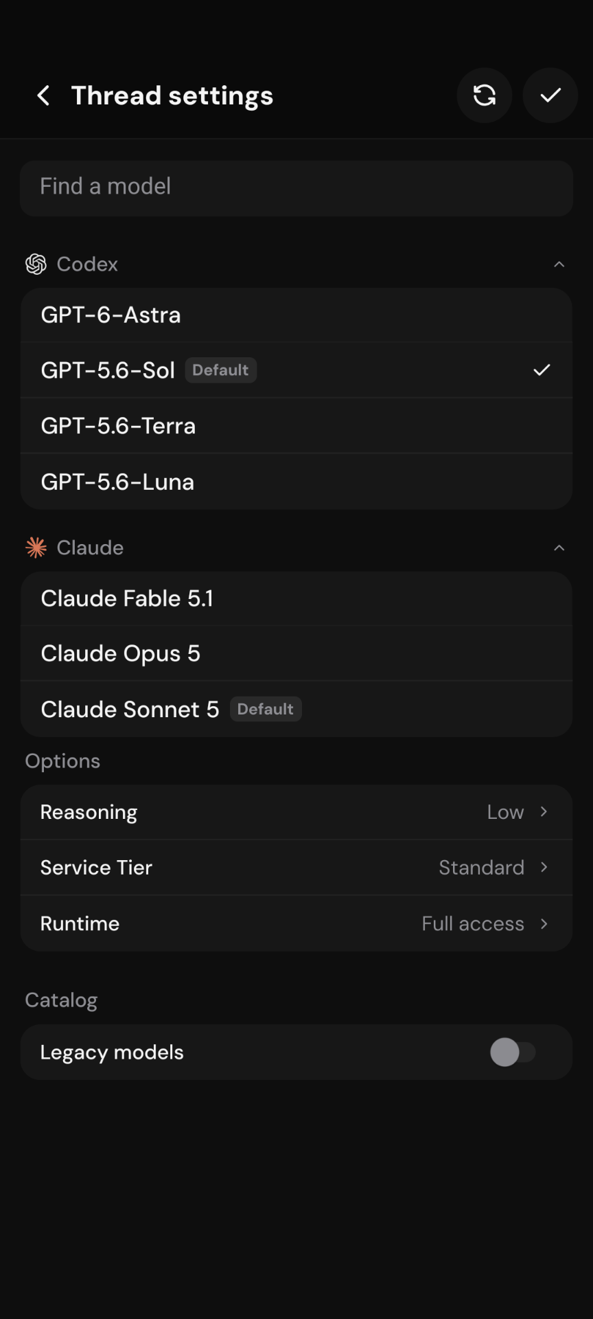Android Thread settings showing hidden models