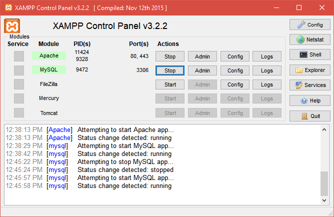 XAMPP Windows Interface