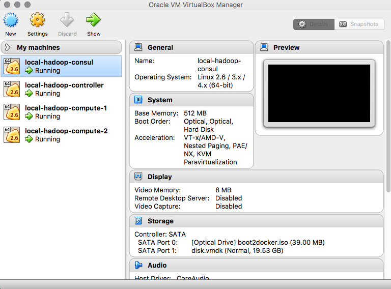 VirtualBox UI running the cluster