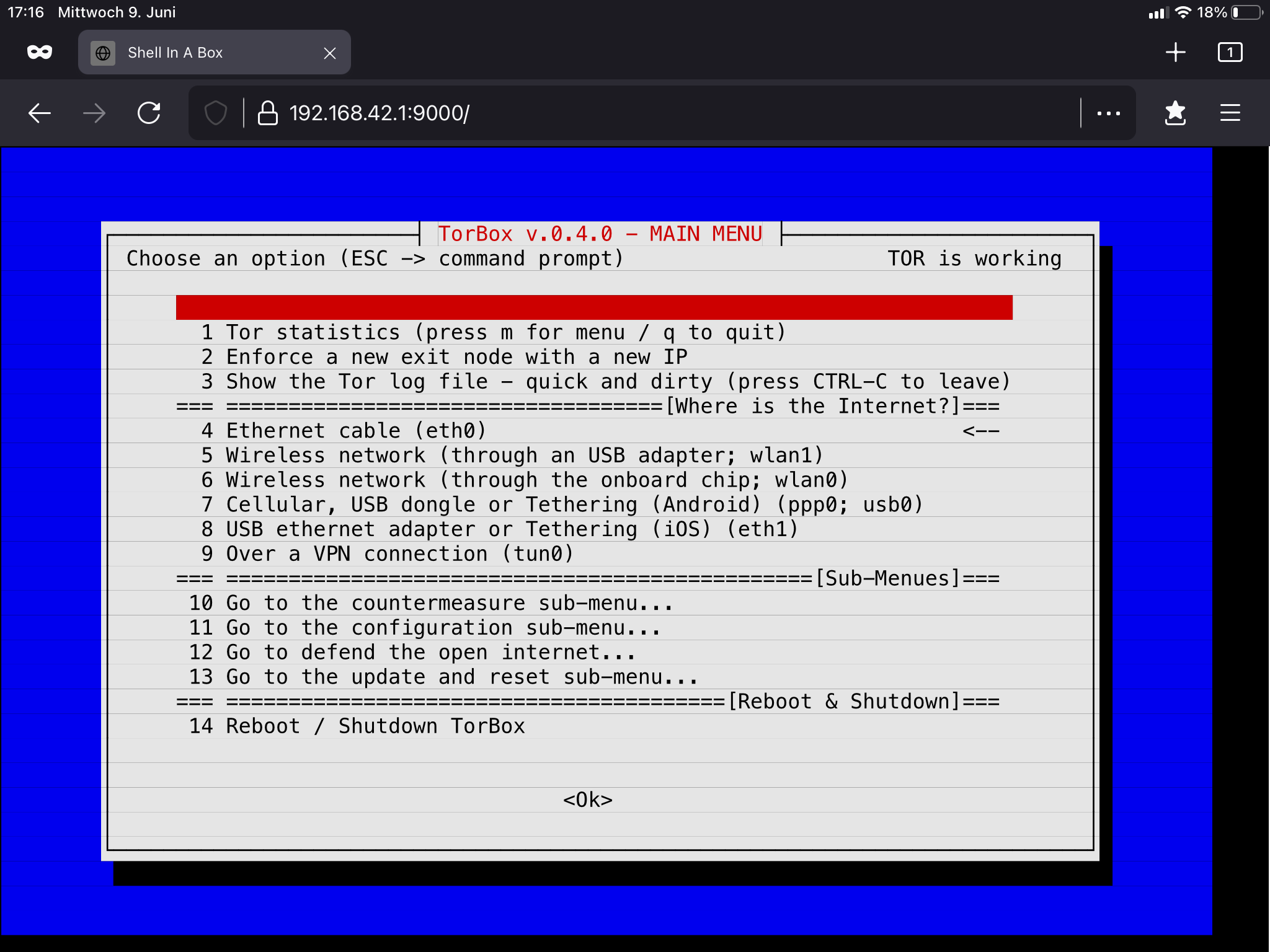 Shellinabox: The TorBox Main Menu in a web browser