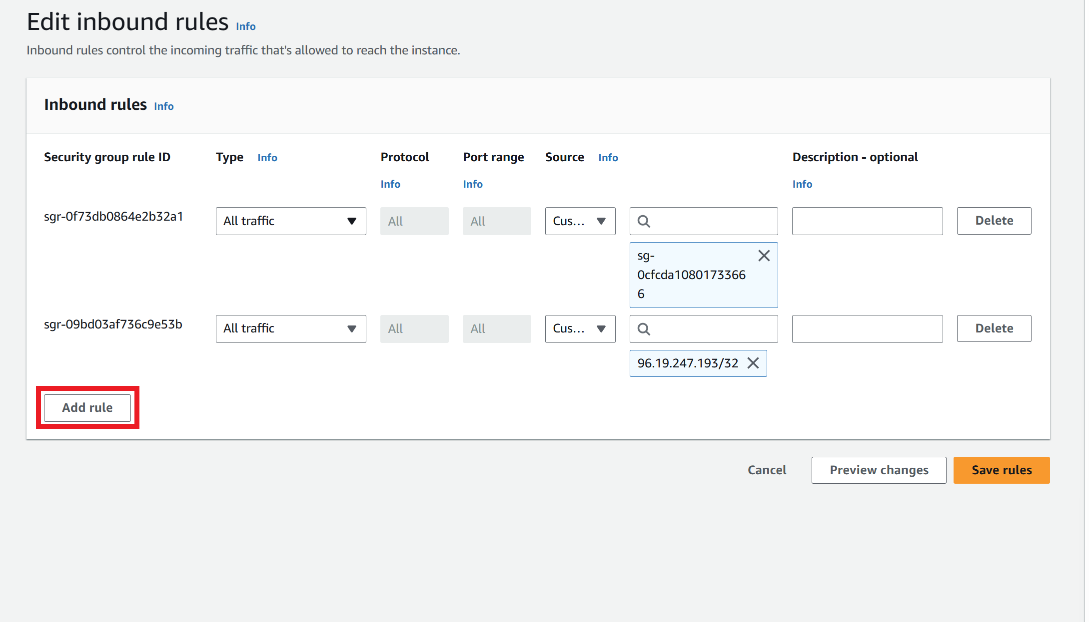 Adding a rule within the Inbound rules.