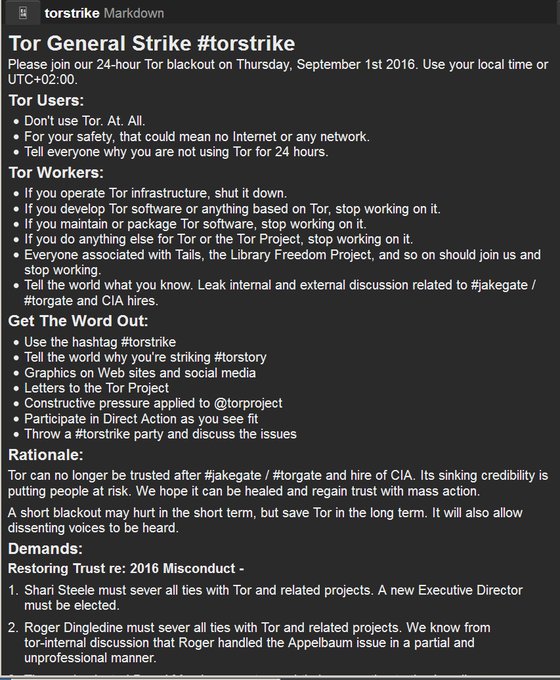 Tor strike date & demands, source: https://web.archive.org/web/20160821020658/https:/twitter.com/Cryptomeorg/status/767125055650357253
