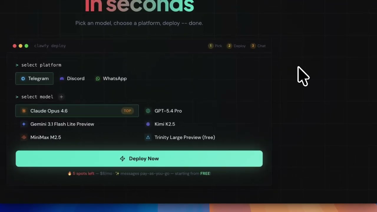 Watch the Clawfy demo — deploy an AI agent in seconds