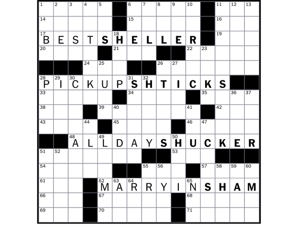 A partially filled crossword grid showing a theme around the letters “SH.”