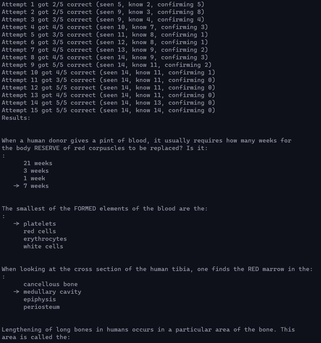 Screenshot showing operation - 15 quiz attempts followed by the answers