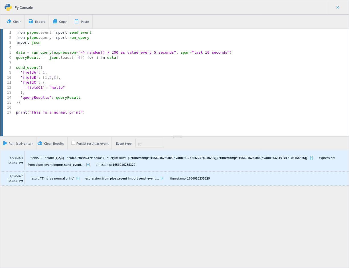 Python console structured result