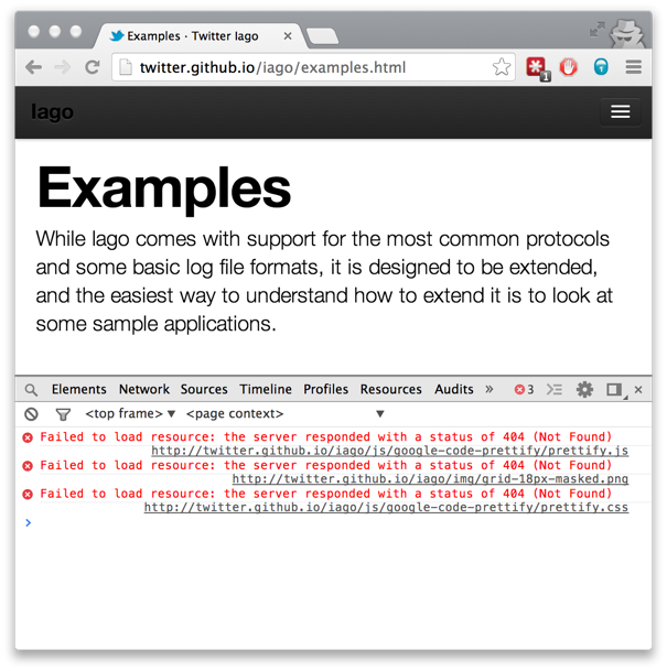 screenshot of examples page with console