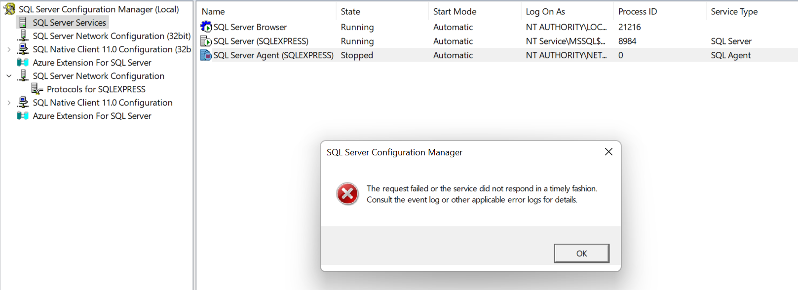 error configuring SQL Server Agent (SQLEXPRESS)