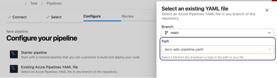 Screenshot showing how to Configure pipeline with existing pipeline YAML file