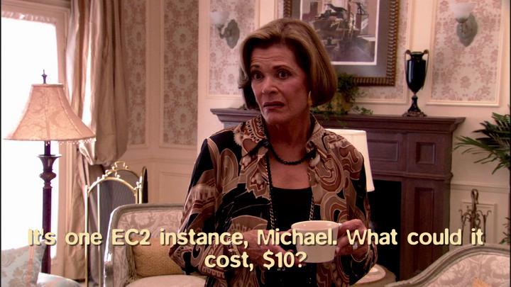 Image of Lucille Bluth, captioned "It's one EC2 instance, Michael. What could it cost, $10?"