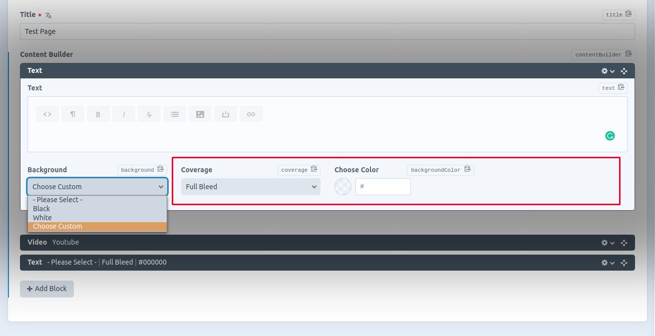 A field labled "background" with the "Choose Custom" option selected, and fields labled "Coverage" and a Custom Color selector field now visible beside it