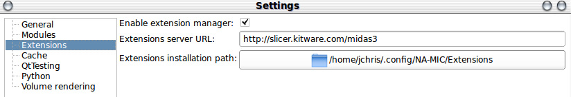 Slicer Extensions settings