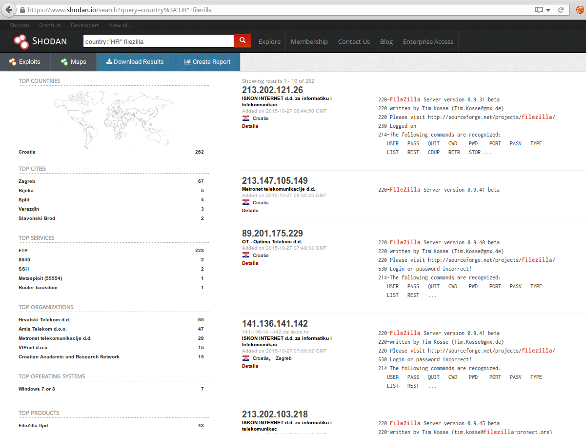 Shodan FileZilla results