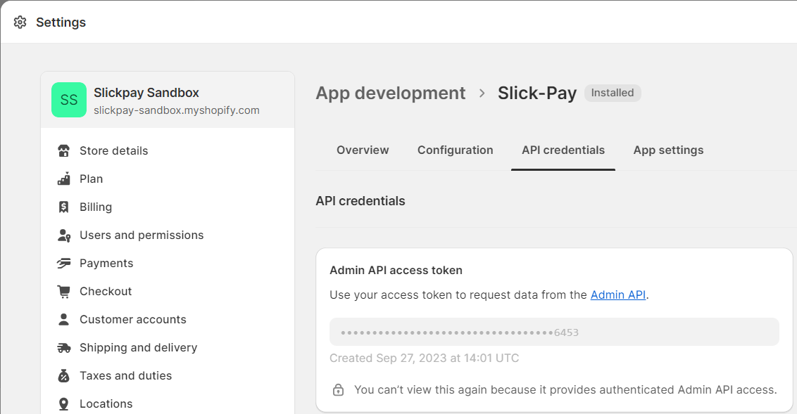 Slick-Pay Shopify API Credentials