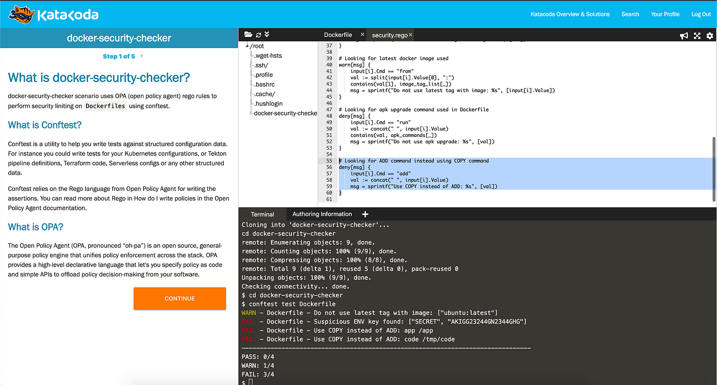 Katacoda Playground for docker-security-checker