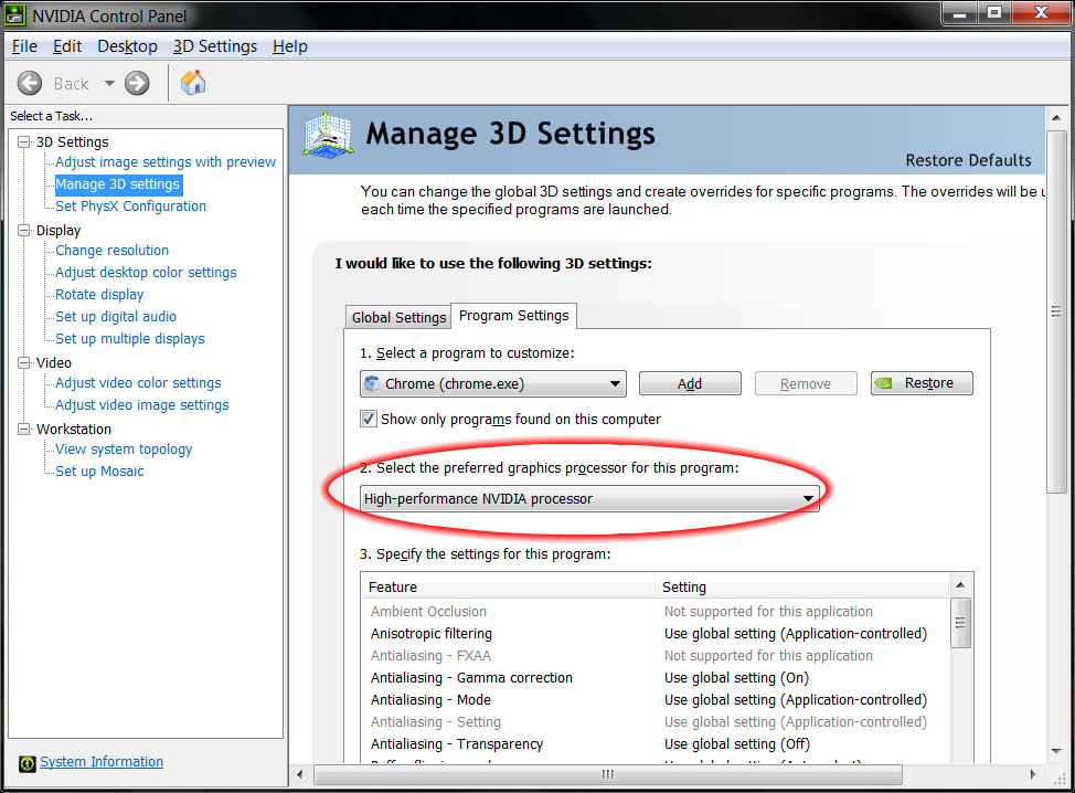 NVIDIA Control Panel -> Manage 3D Settings -> Program Settings -> Google Chrome
