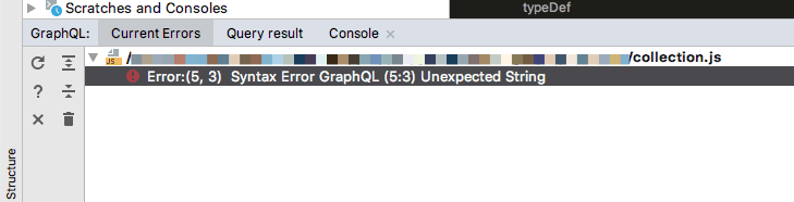 Screenshot of error: Error:(5, 3) Syntax Error GraphQL (5:3) Unexpected String