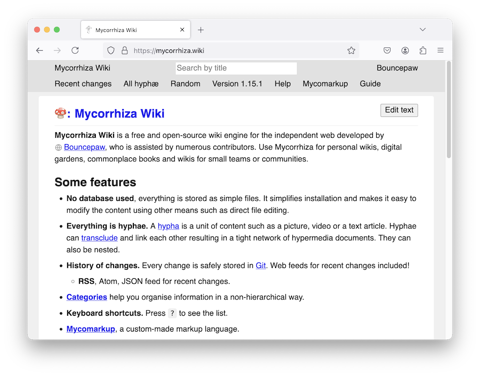 A screenshot of mycorrhiza.wiki's home page in the Safari browser