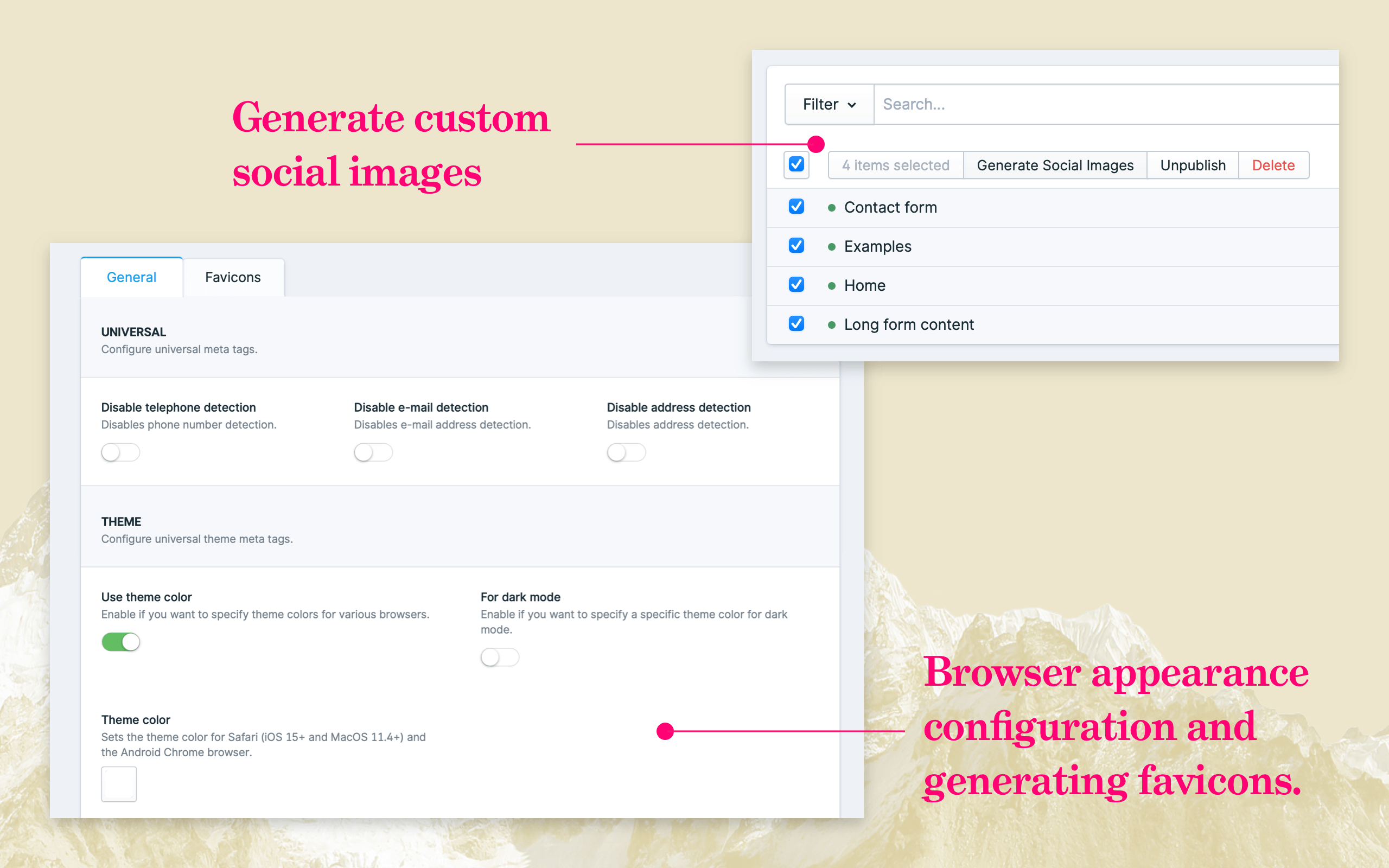 Generate custom social images and browser appearance configuration and generate favicons.