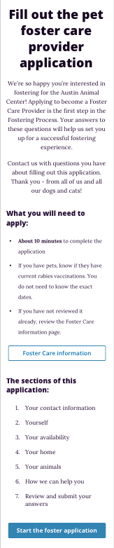 City of Austin, Foster Care Application start page