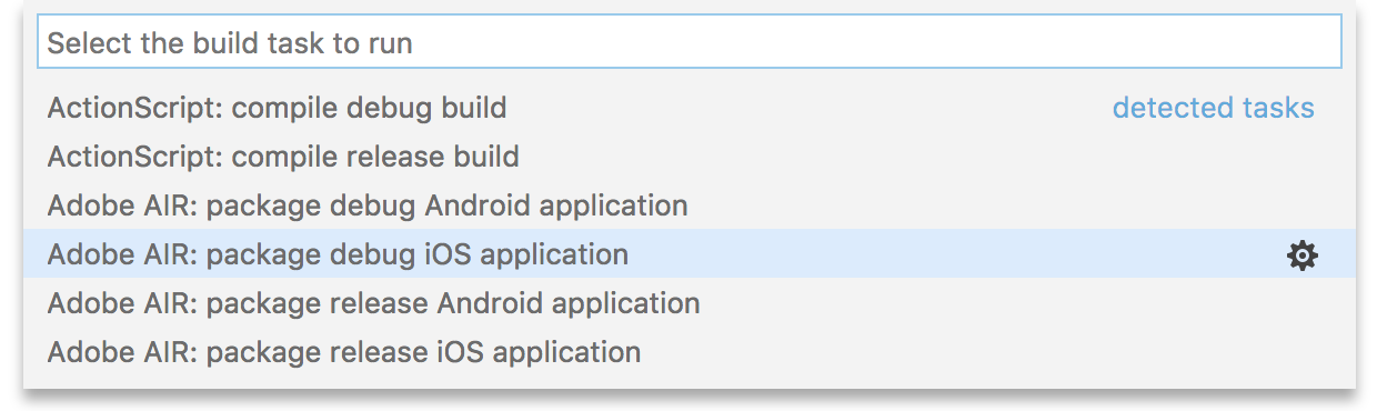 Screenshot of packaging tasks for AIR mobile in Visual Studio Code